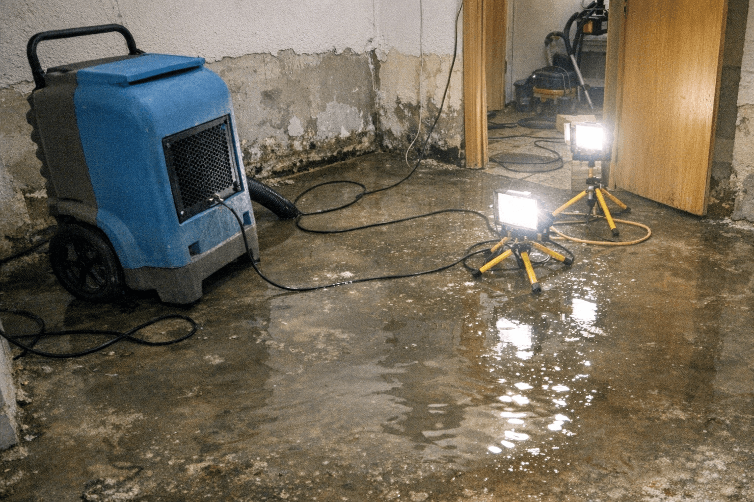 Techniker sichert einen nassen Kellerboden mit Sauger und Schläuchen nach Wassereintritt