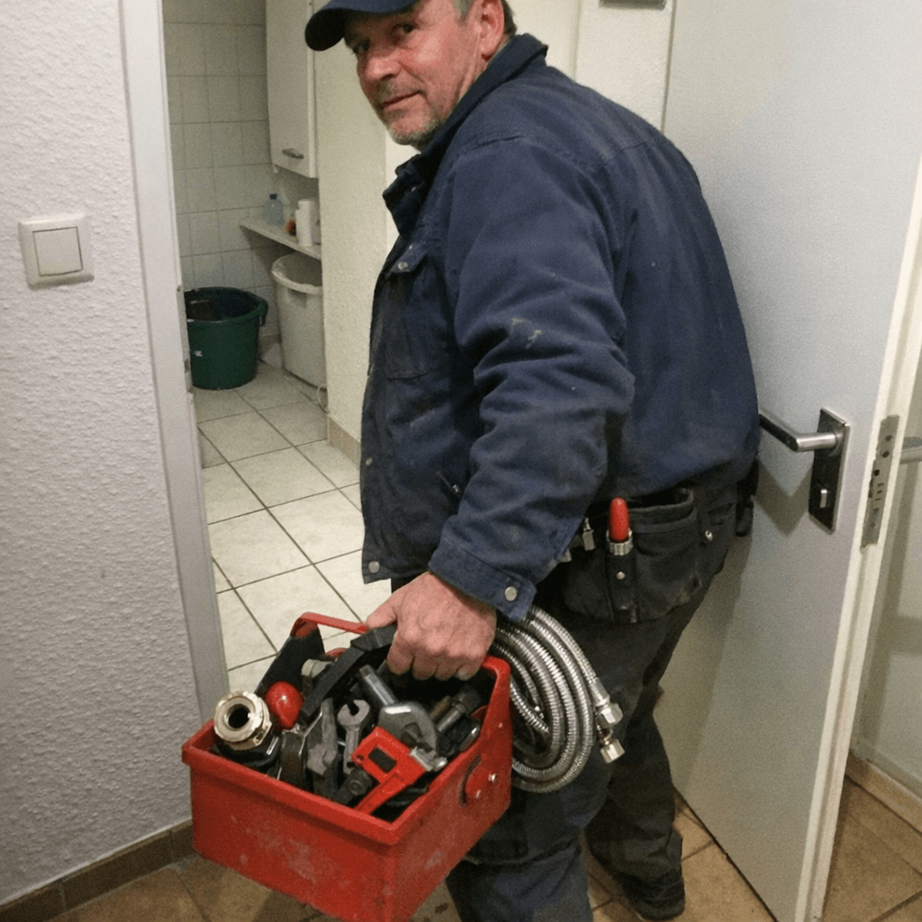 Monteur kniet neben einem Waschbecken und prüft mit Werkzeug einen geöffneten Siphon