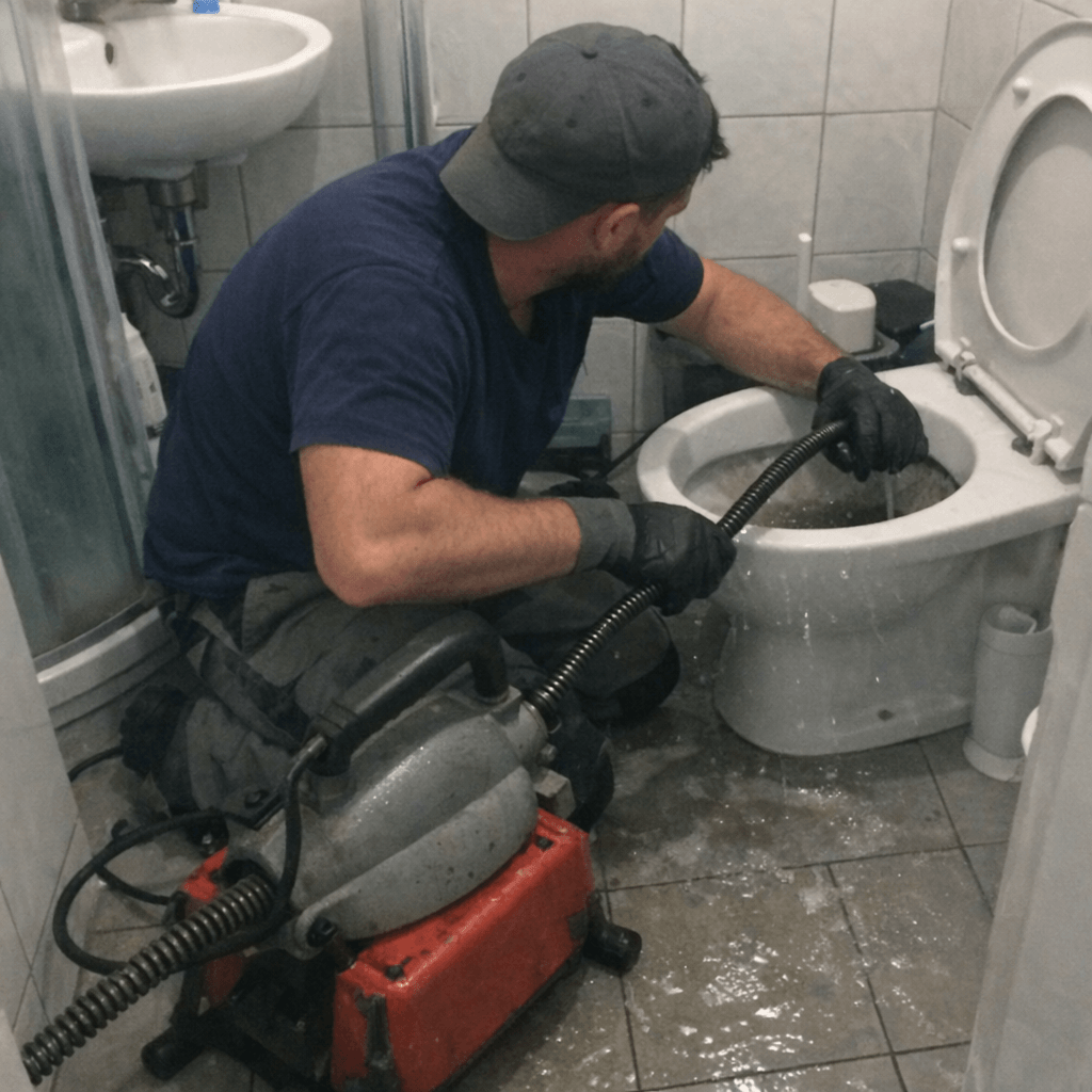 Installateur arbeitet mit Reinigungsgerät neben einer Toilette in einem kleinen Bad