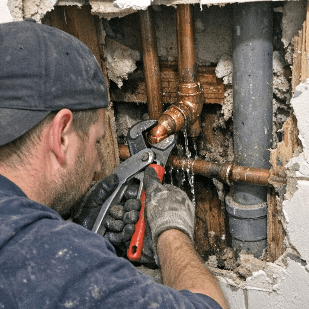 Fachkraft kontrolliert eine freigelegte Wasserleitung mit Messgerät an einer Kellerwand