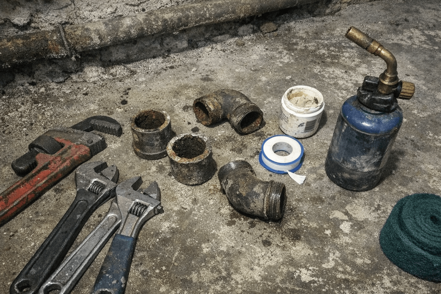 Geöffnete Kellerleitung während einer Reparatur mit vorbereitetem Ersatzrohr und Werkzeug